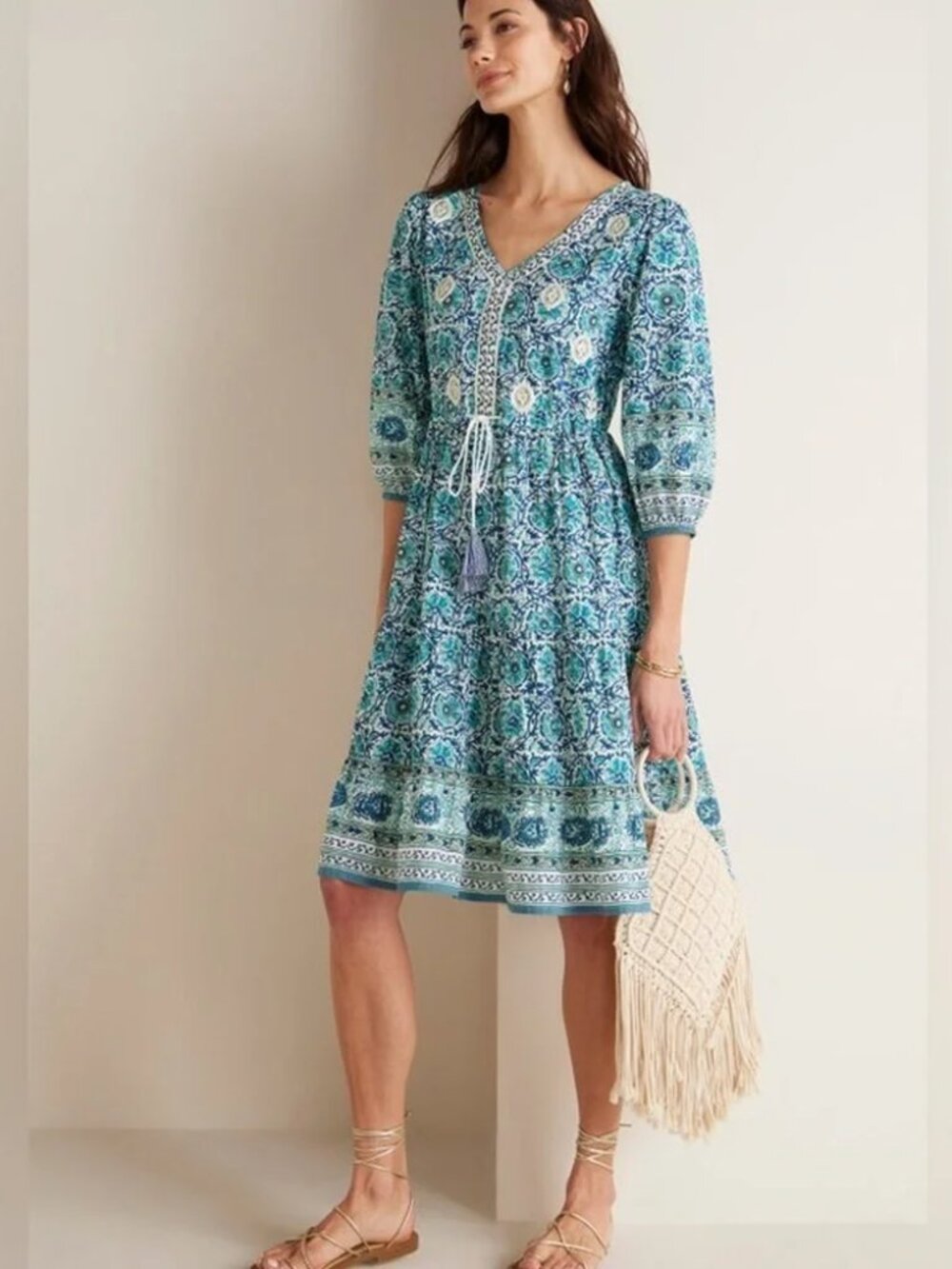 Soft Surroundings Nerissa Cotton Boho Tie w/Tassels Gold Embroidery Dress Size M